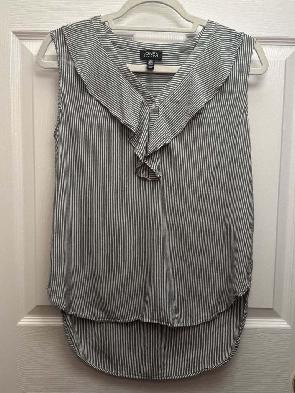 Jones New York Sleeveless Striped Ruffle Neck Blouse